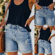 Aayomet Womens Jean Shorts High Waisted Jean Shorts for Women Frayed Raw Hem Ripped Distressed Shorts Blue,M